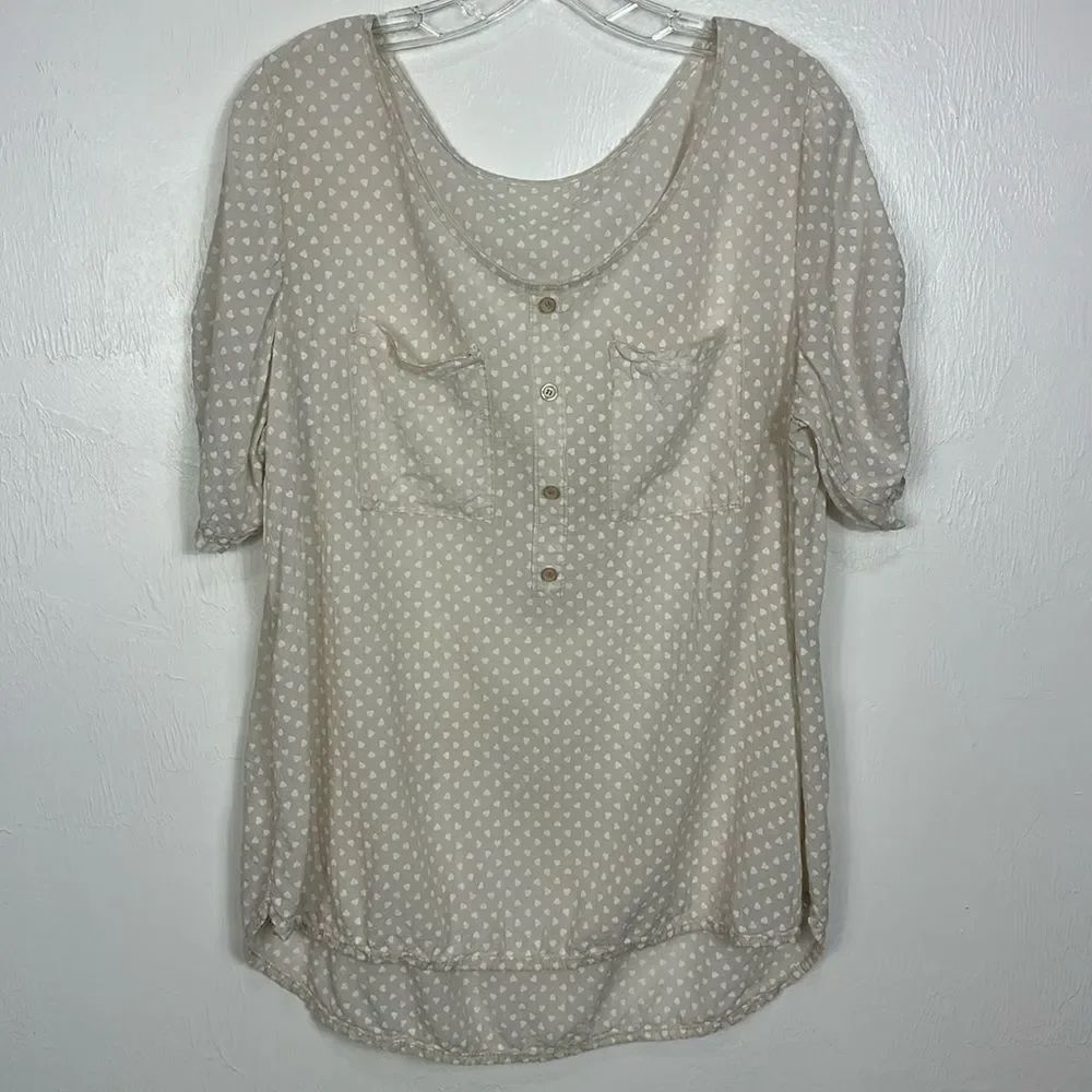 Cotton Blend Polka Dot/ Heart Print Short Sleeve Top Blouse With Pockets Size M